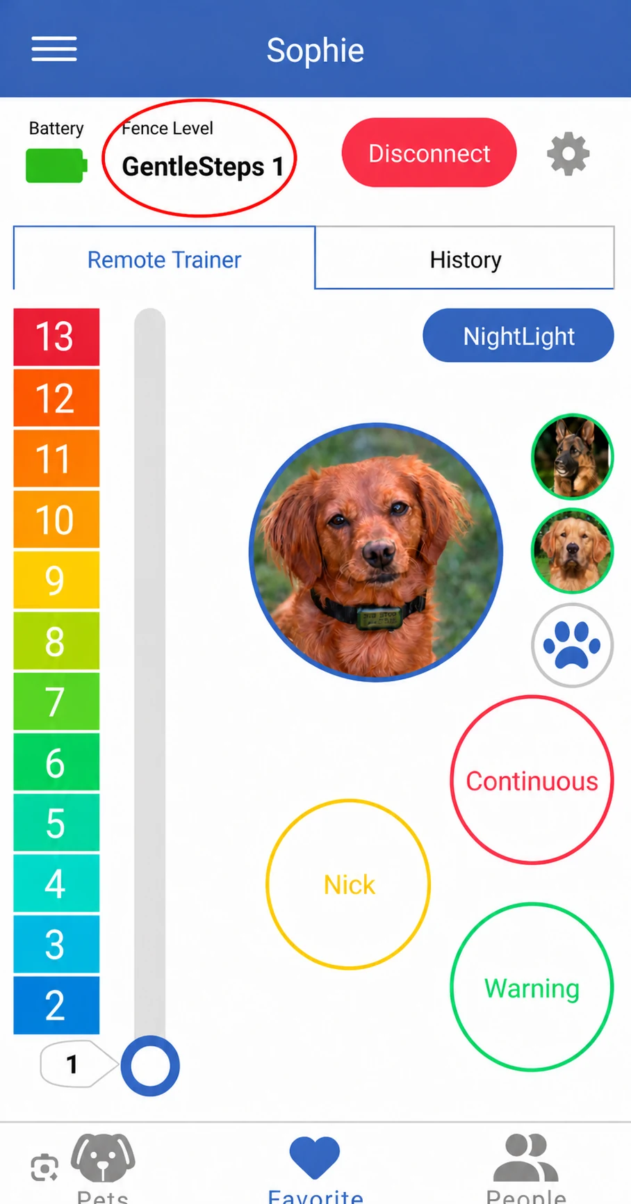 LINK app screen with the fence level control highlighted
