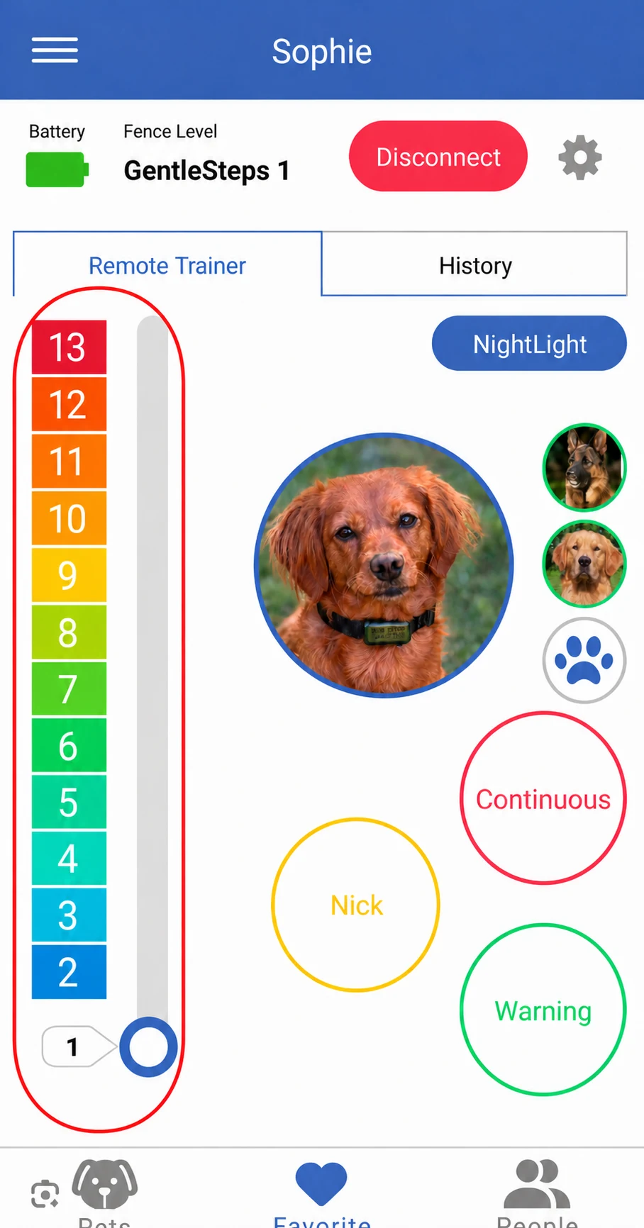 LINK app screen with the remote trainer levels highlighted