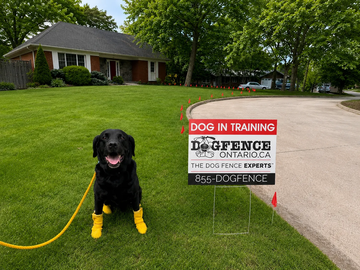 Black Lab on a long line beside training flags and a Dog in Training yard sign