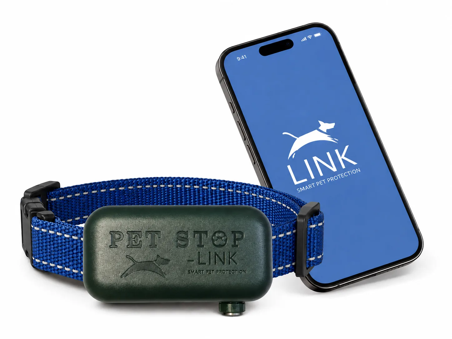 LINK smart collar beside a phone showing the LINK app
