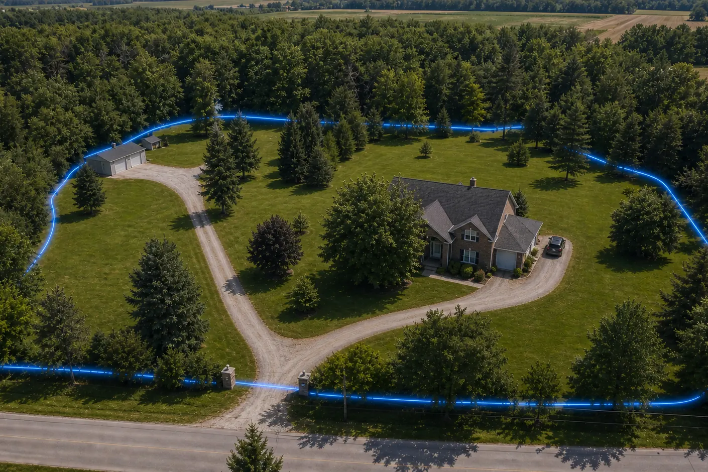 Aerial view of a rural property with the boundary drawn in blue around the house and grounds