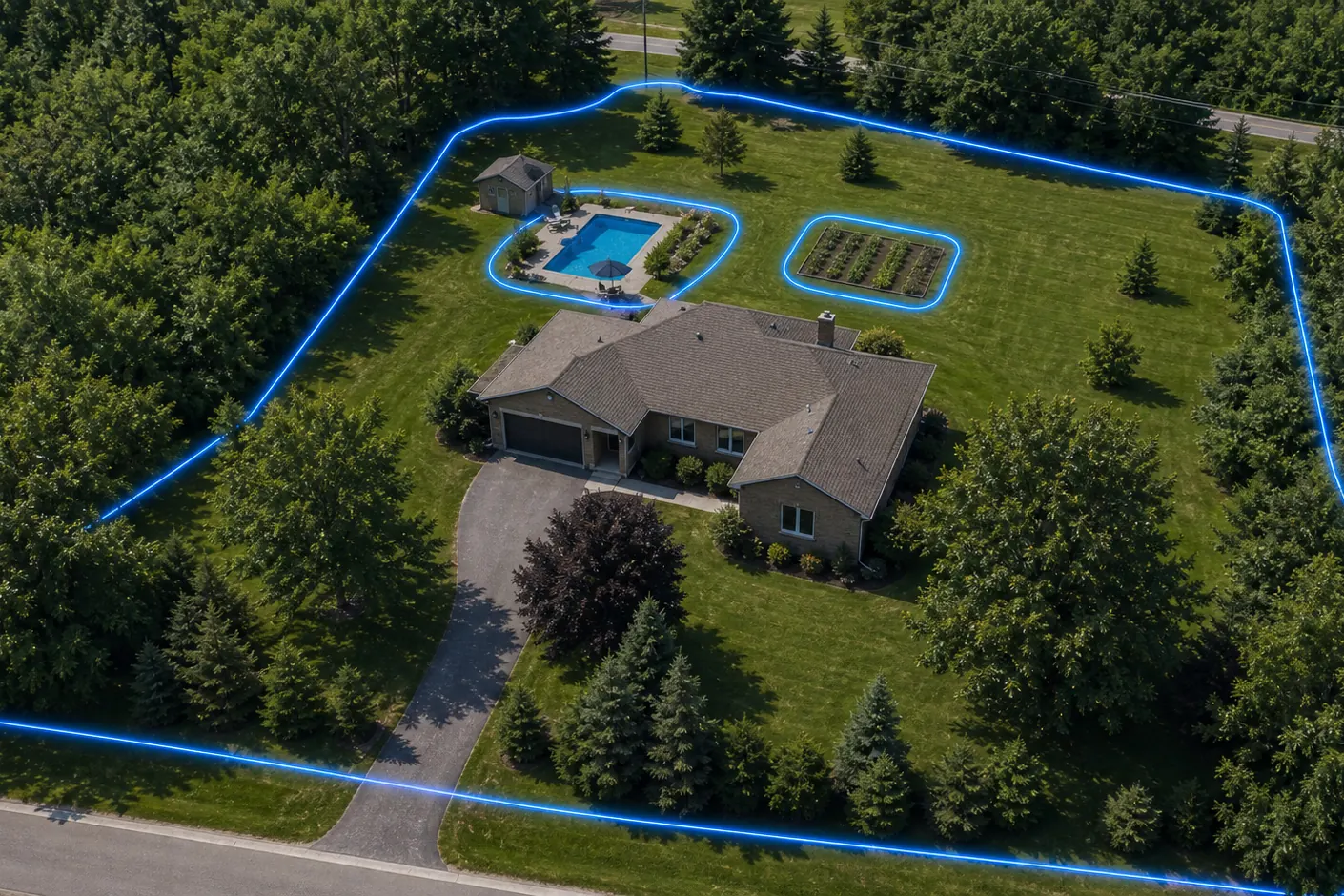 Aerial view of a home with the boundary drawn in blue around the property, and smaller loops around the pool and garden