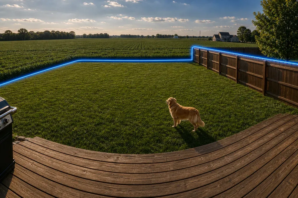 A golden retriever in a backyard with the boundary line running along an existing wood fence