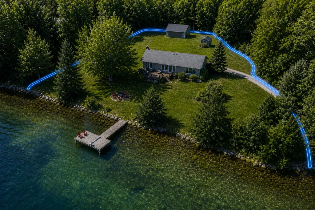 Aerial view of a lakefront home with the boundary on the land sides and the shoreline open