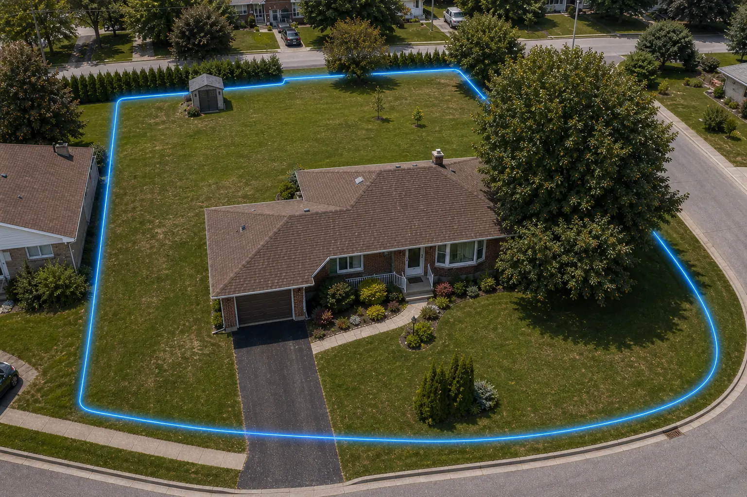 Aerial view of a home with the planned boundary drawn around the yard