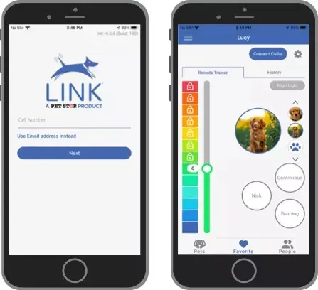 Pet Stop Link App interface showing remote trainer controls
