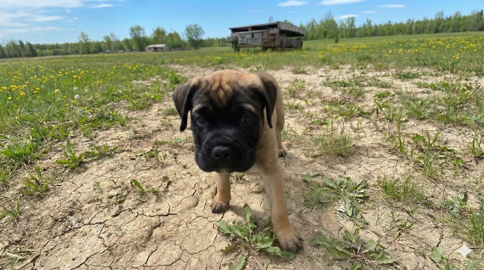 Puppy walking through a dry field on a sunny day