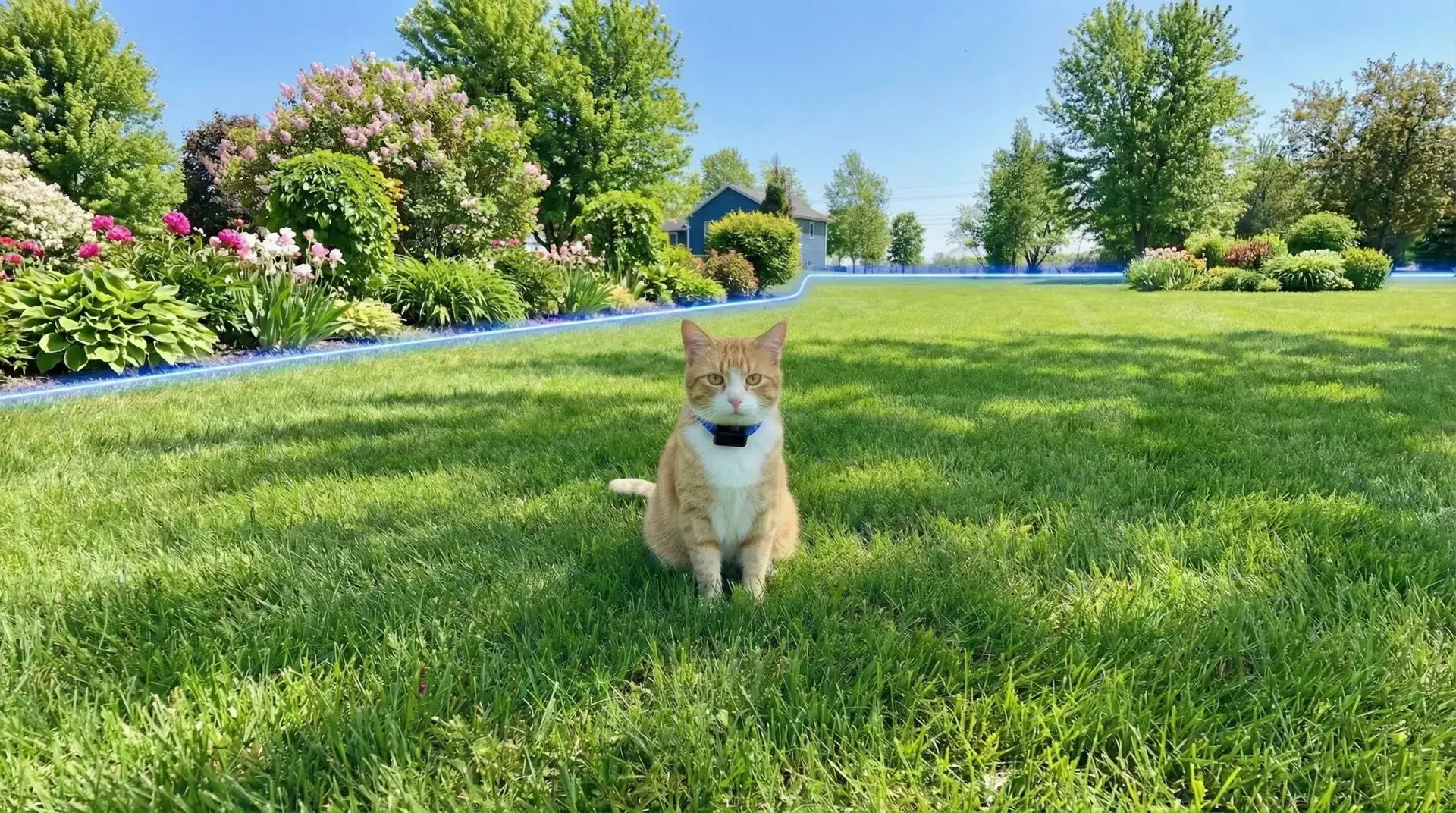 Orange tabby cat sitting in a lush green garden wearing a Pet Stop receiver collar