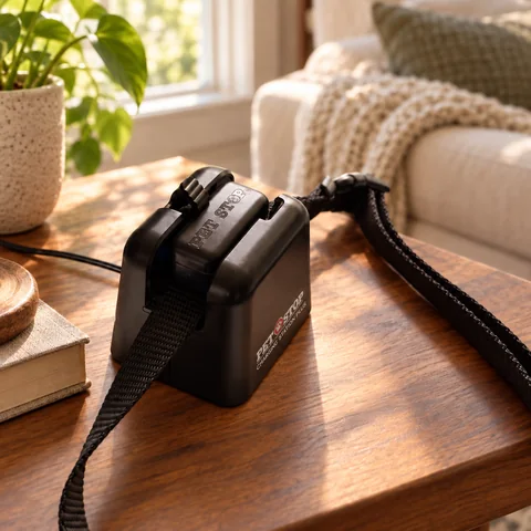 EcoLite collar in its charging station on a living-room table