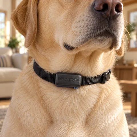 Close-up of a Labrador wearing the lightweight EcoLite receiver collar at home
