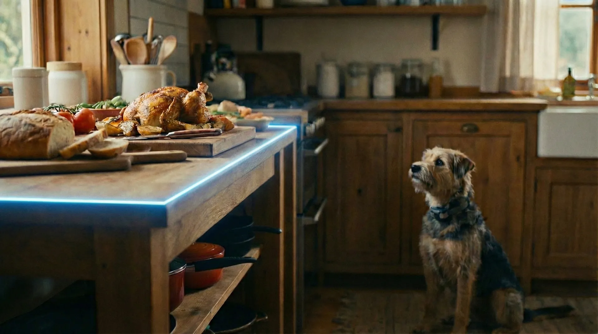 Terrier sitting patiently in a kitchen with an indoor dog fence barrier