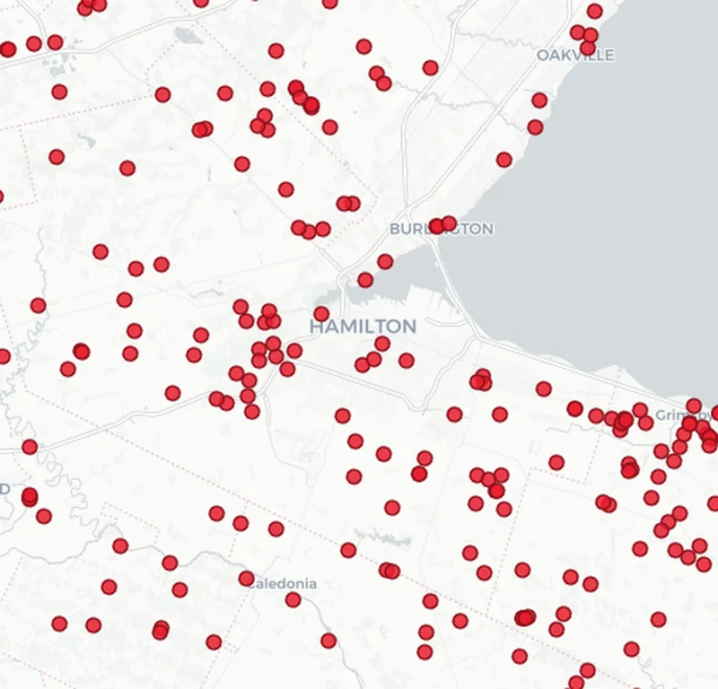 Map showing Dog Fence Ontario installations in the Burlington area