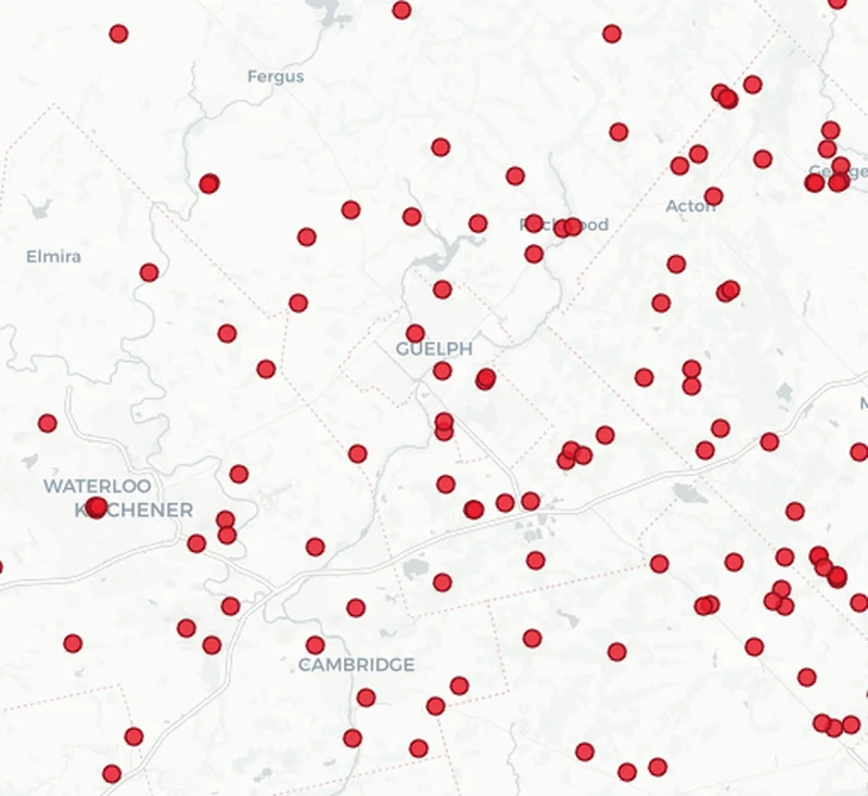 Map showing Dog Fence Ontario installations in the Cambridge area