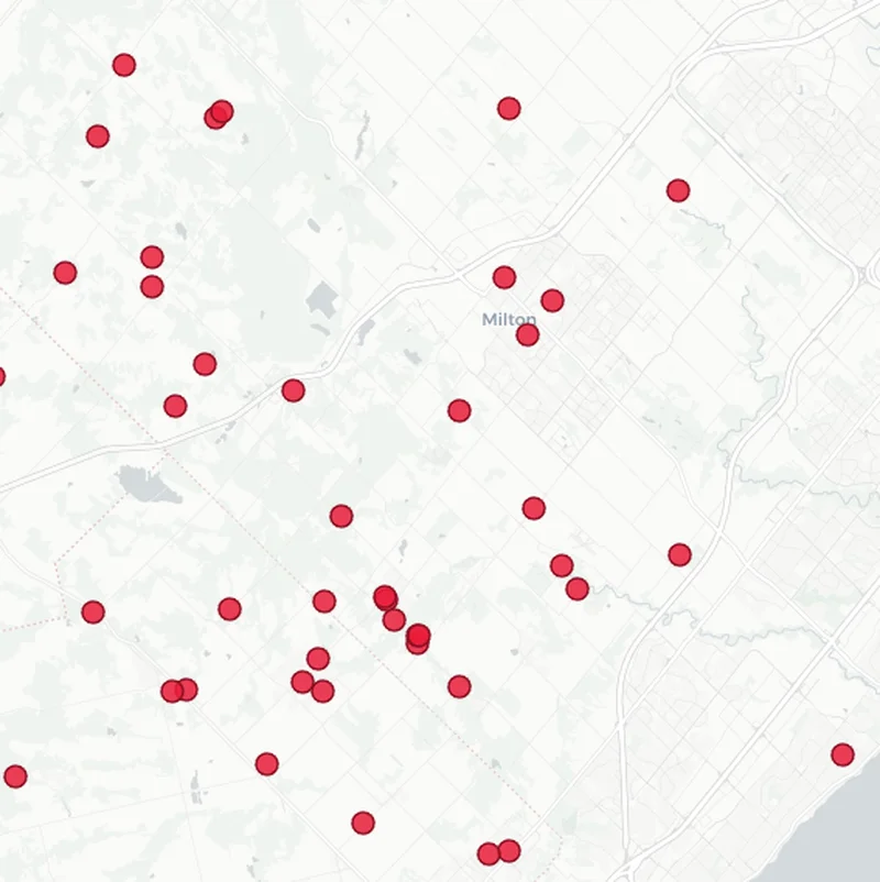 Map showing Dog Fence Ontario installations in the Milton area
