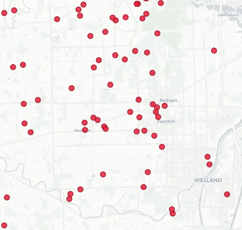 Map showing Dog Fence Ontario installations in the Pelham area