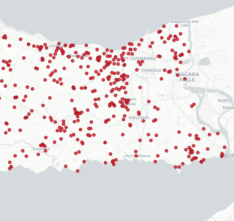 Map showing Dog Fence Ontario installations in the Welland area