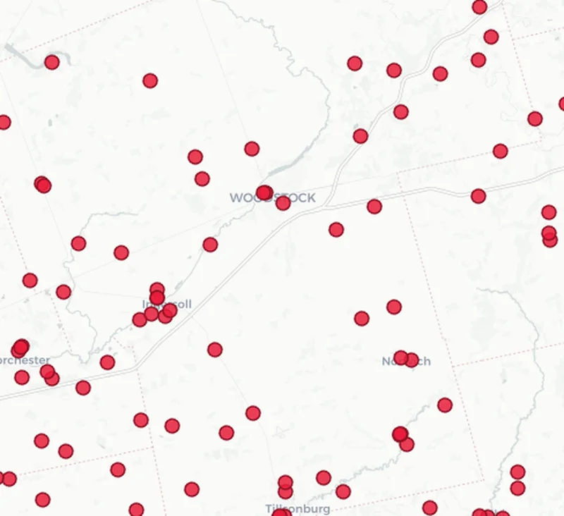 Map showing Dog Fence Ontario installations in the Woodstock area